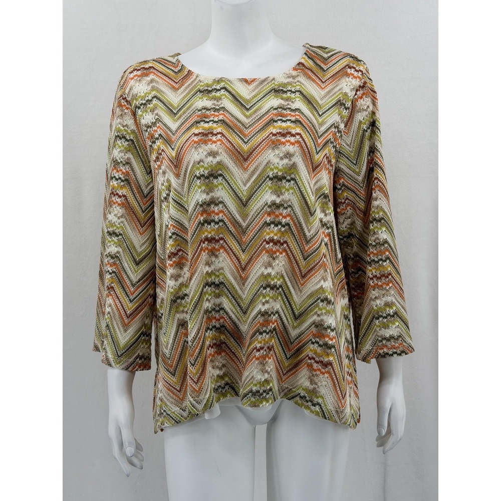 Alfred Dunner Top Women 2X Green Chevron Metallic Knit Boho Mature Office Summer